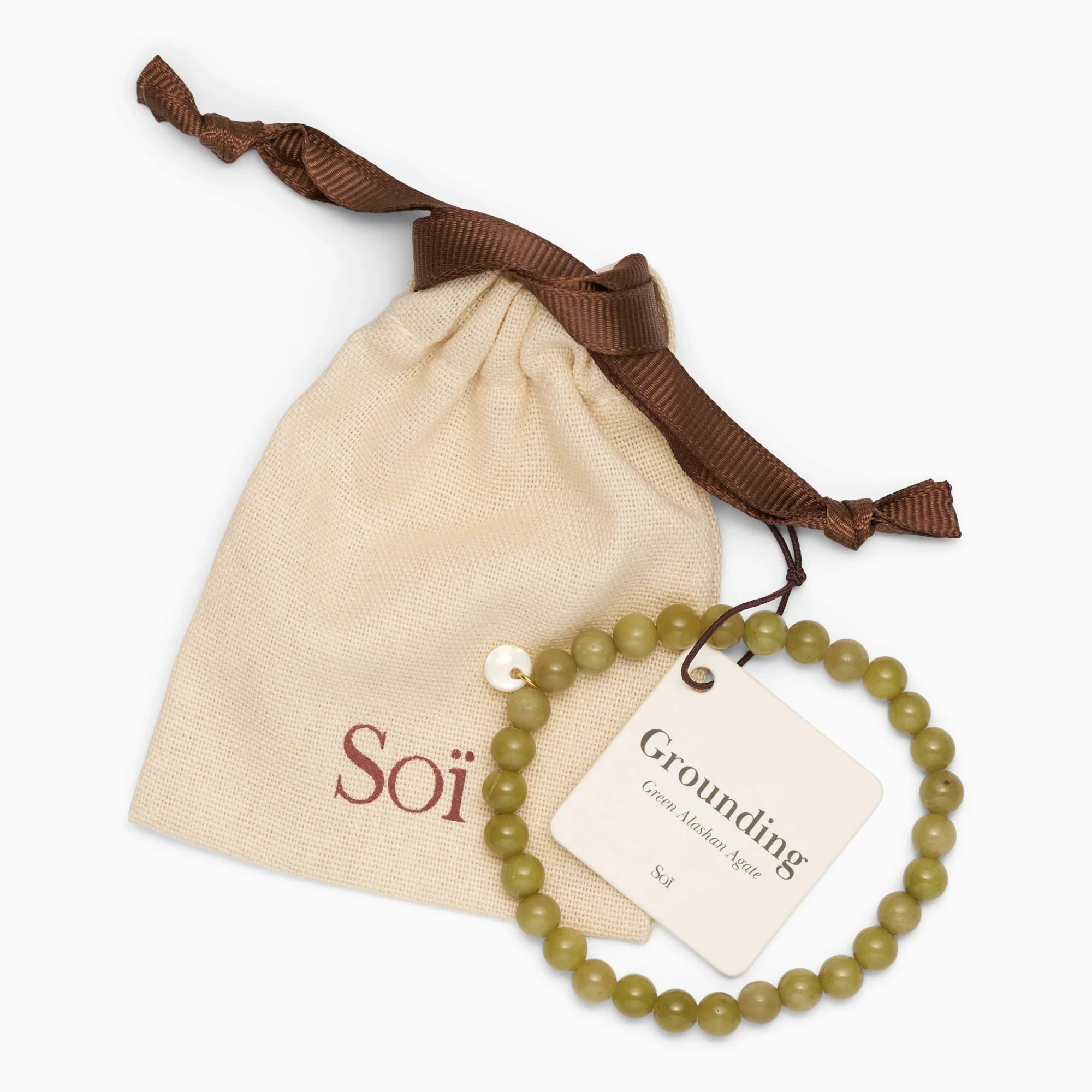 Soï Copenhagen essential Green Alashan Agate crystal stretch bracelet with jewellery pouch