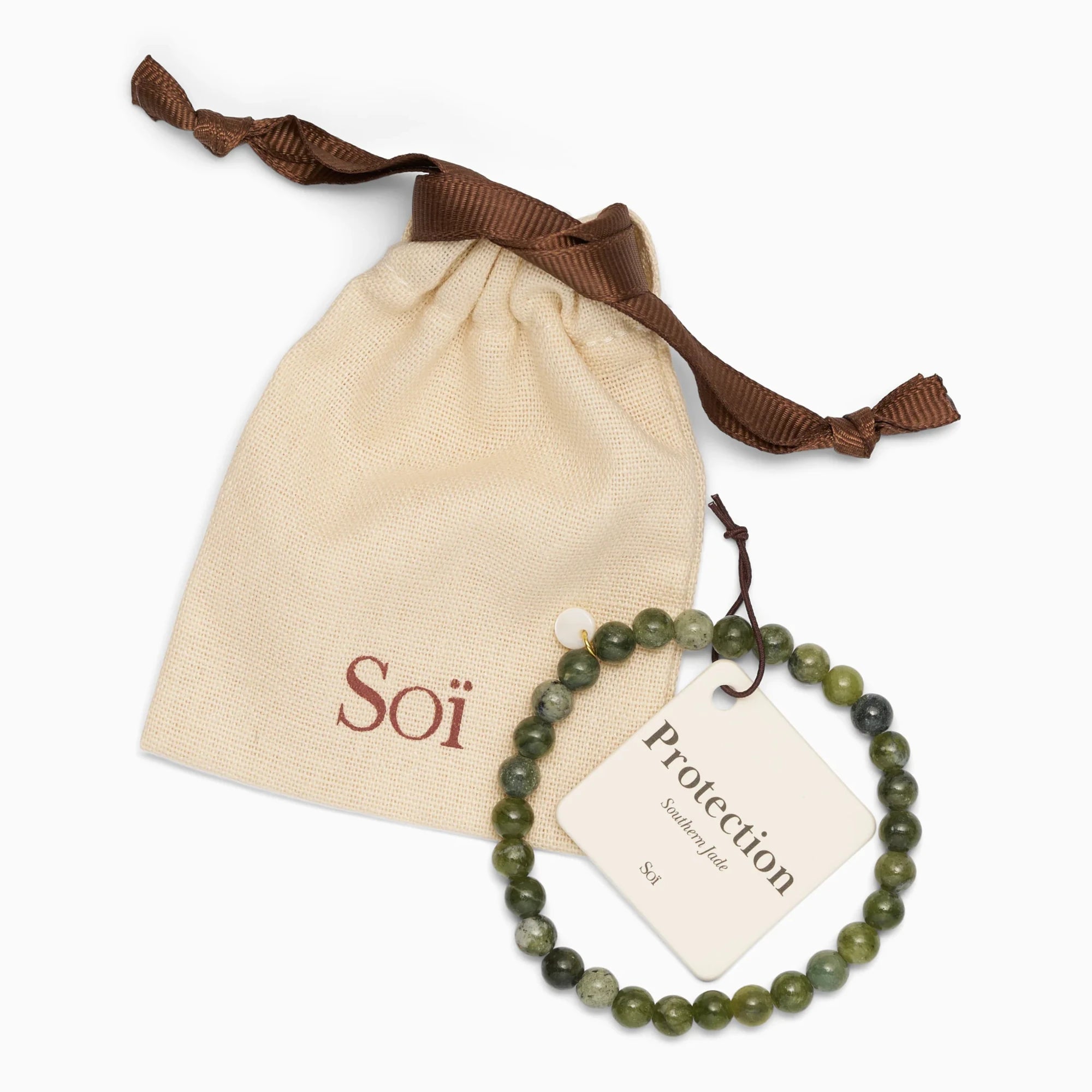 Soï Copenhagen essential Southern Jade crystal stretch bracelet with jewellery pouch