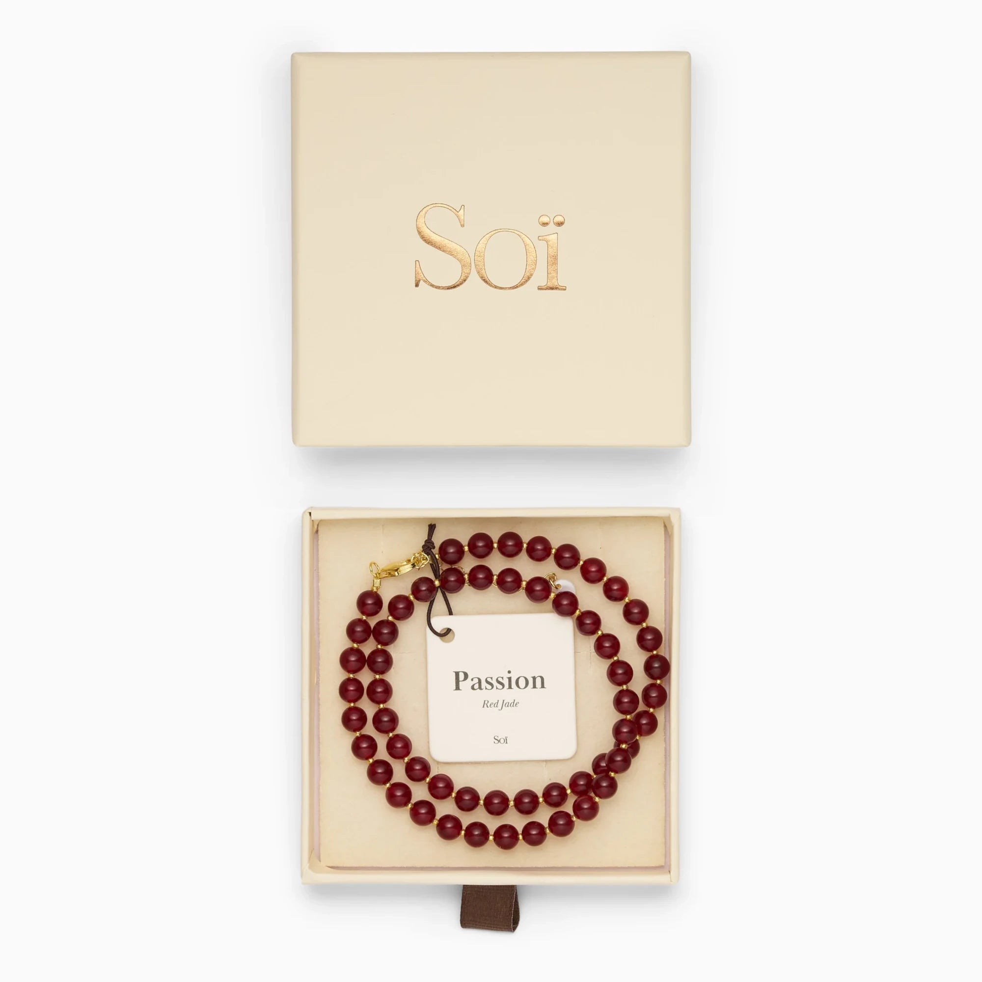 Soï Copenhagen Hailey necklace with Red Jade crystal beads in 18k gold in jewellery box