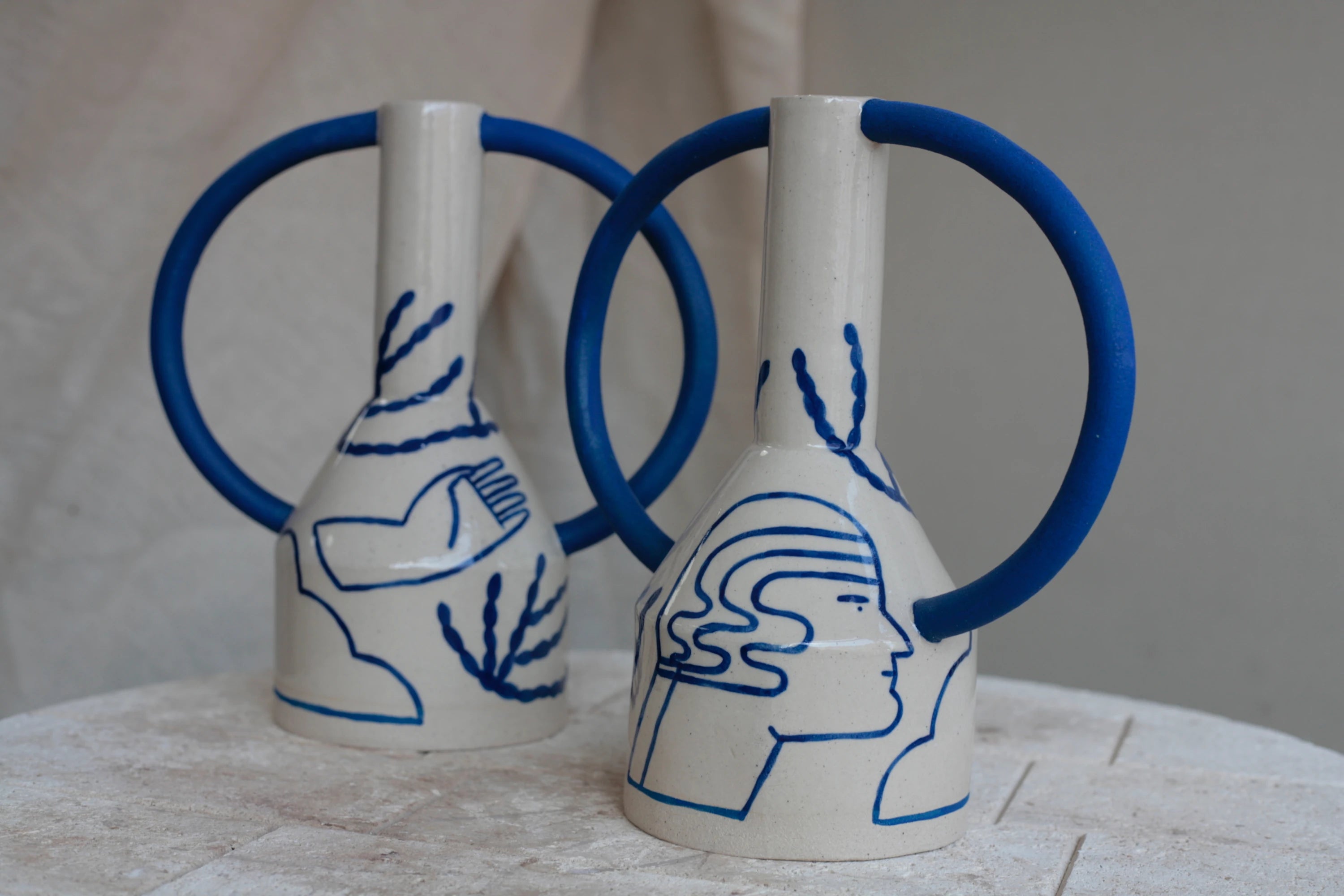 Sophie Alda Extra Large Jug Eared Stoneware Vase in Cream & Blue Pattern - Lifestory