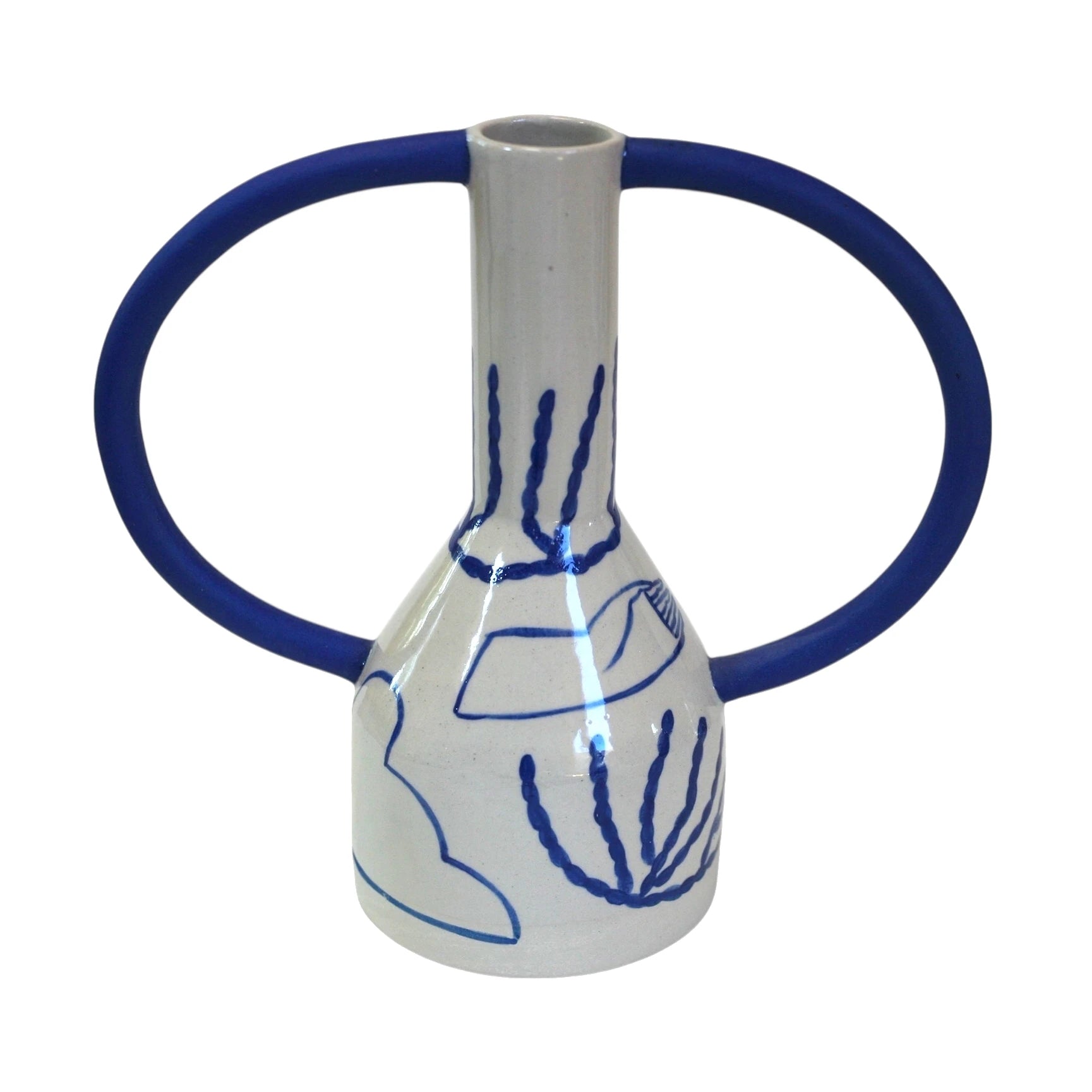 Sophie Alda Extra Large Jug Eared Stoneware Vase in Cream & Blue Pattern - Lifestory