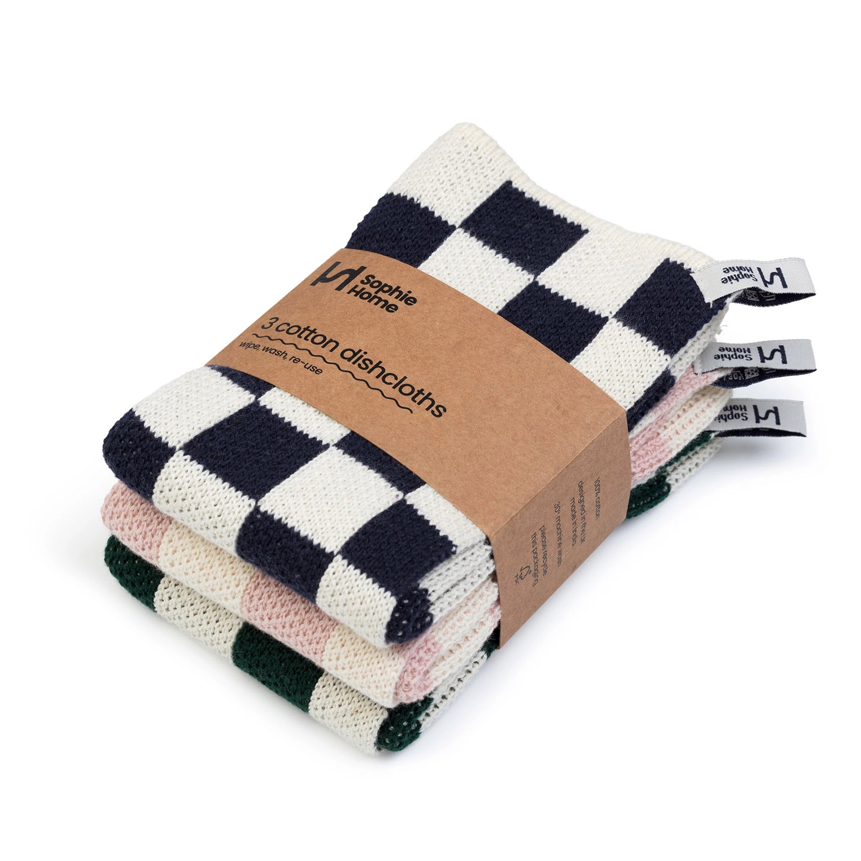 Sophie Home Reusable Cotton Checked Dish Cloths - Set of 3