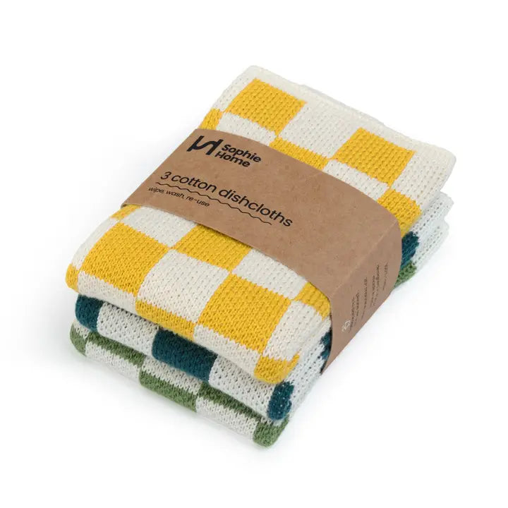 Sophie Home Reusable Cotton Checked Dish Cloths - Set of 3