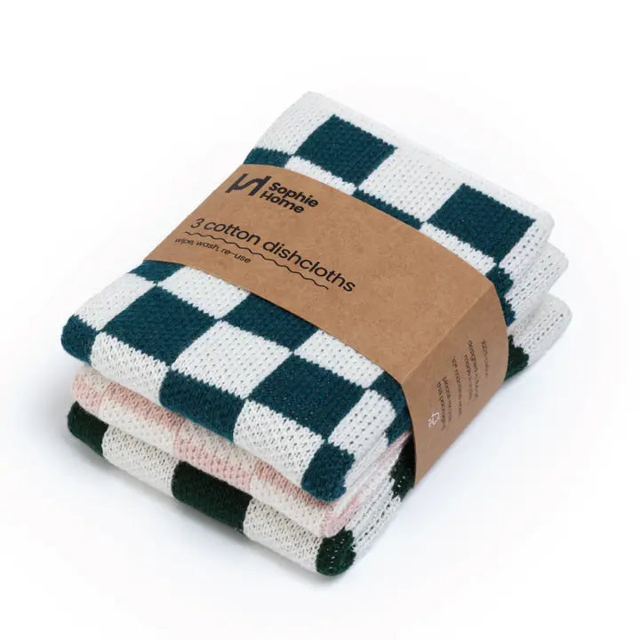 Sophie Home Reusable Cotton Checked Dish Cloths - Set of 3