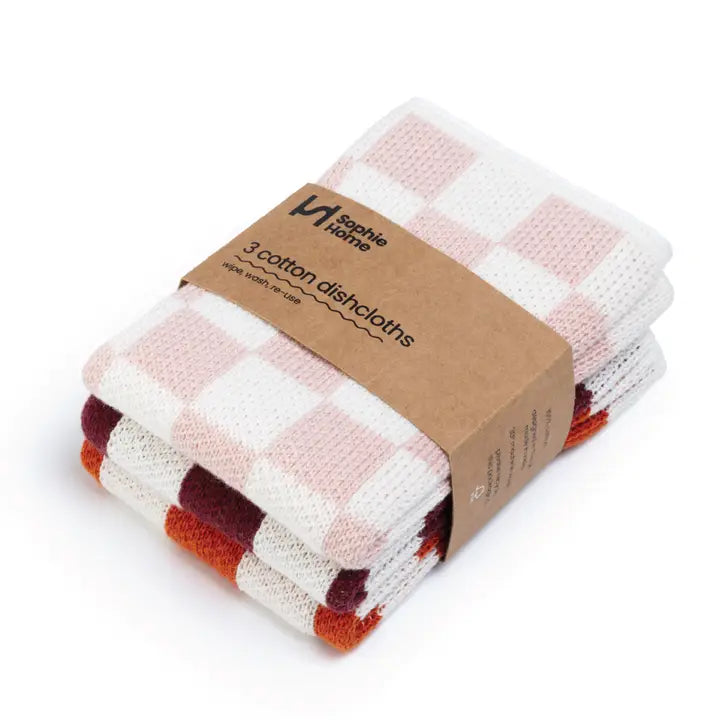 Sophie Home Reusable Cotton Checked Dish Cloths - Set of 3