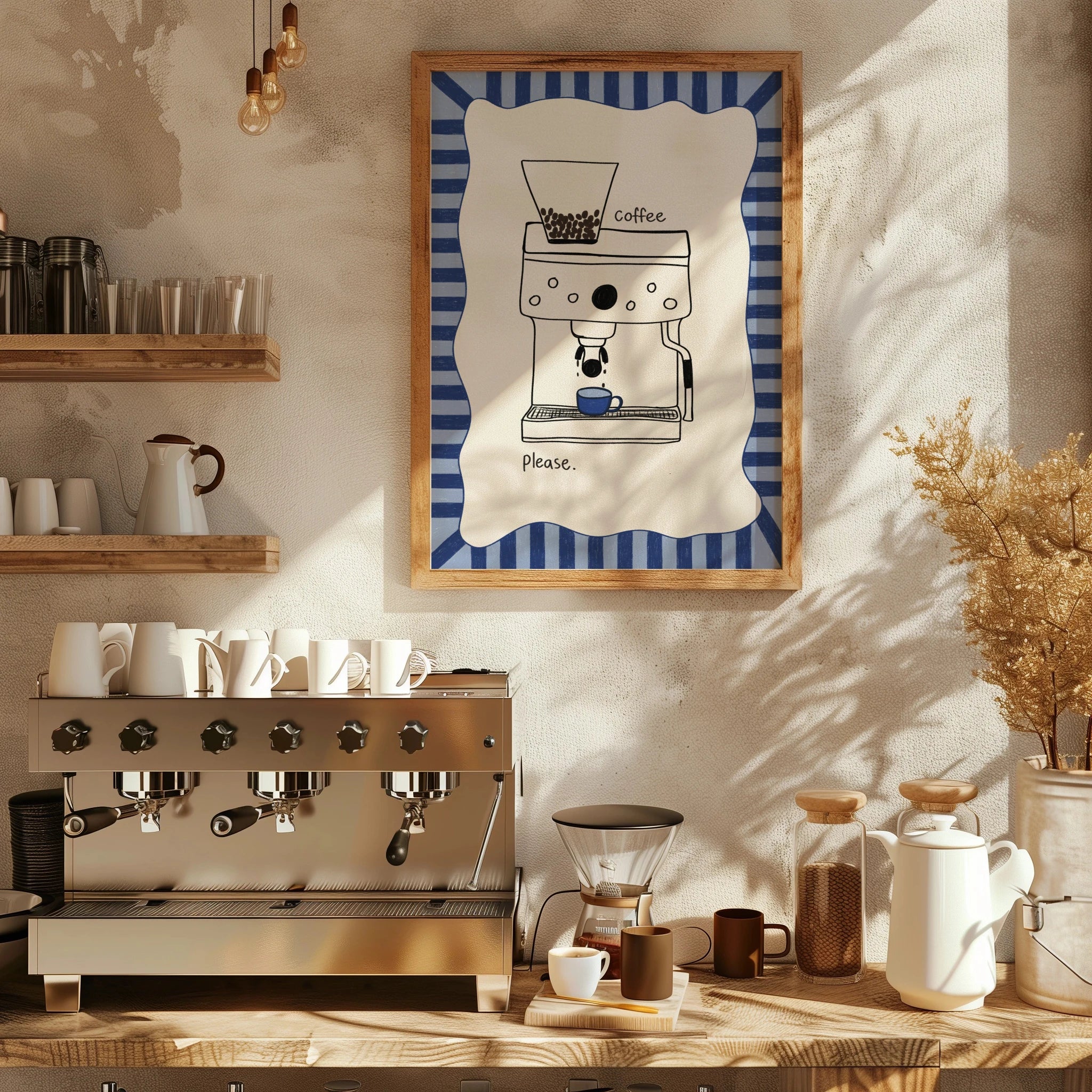 Tecari Designs 'Coffee Please' A4 Unframed Print framed in oak and hung above a coffee machine and countertop