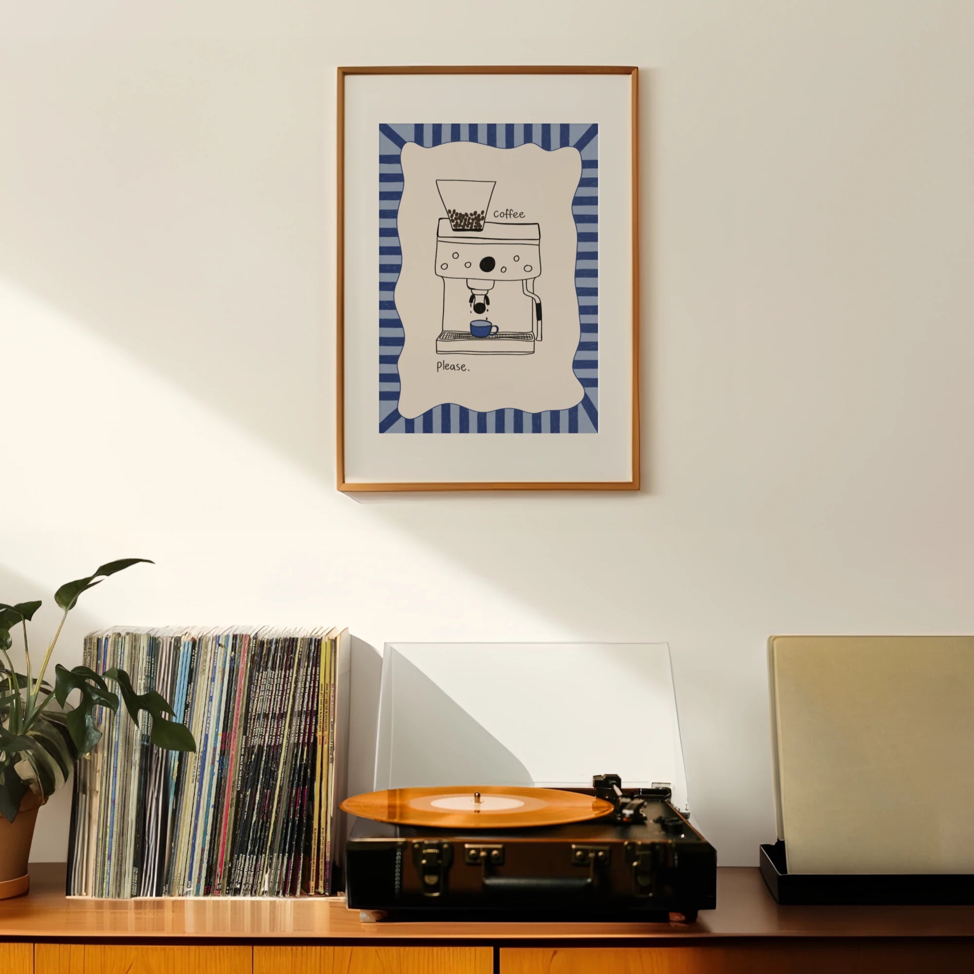 Tecari Designs 'Coffee Please' A4 Unframed Print framed in oak and hung about a record player and LPs