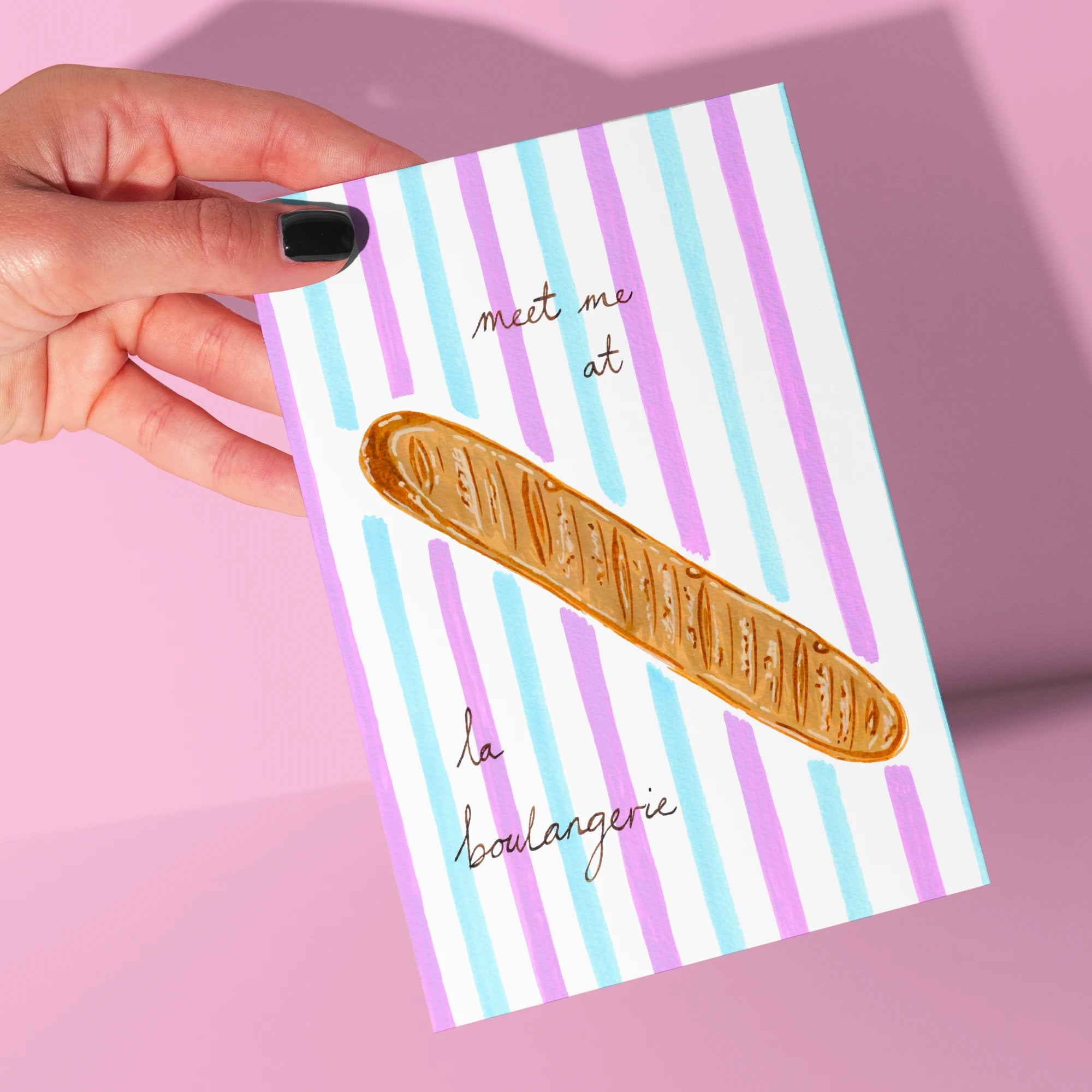Meet Me At La Boulangerie Card by Tecari Designs on a pale pink background