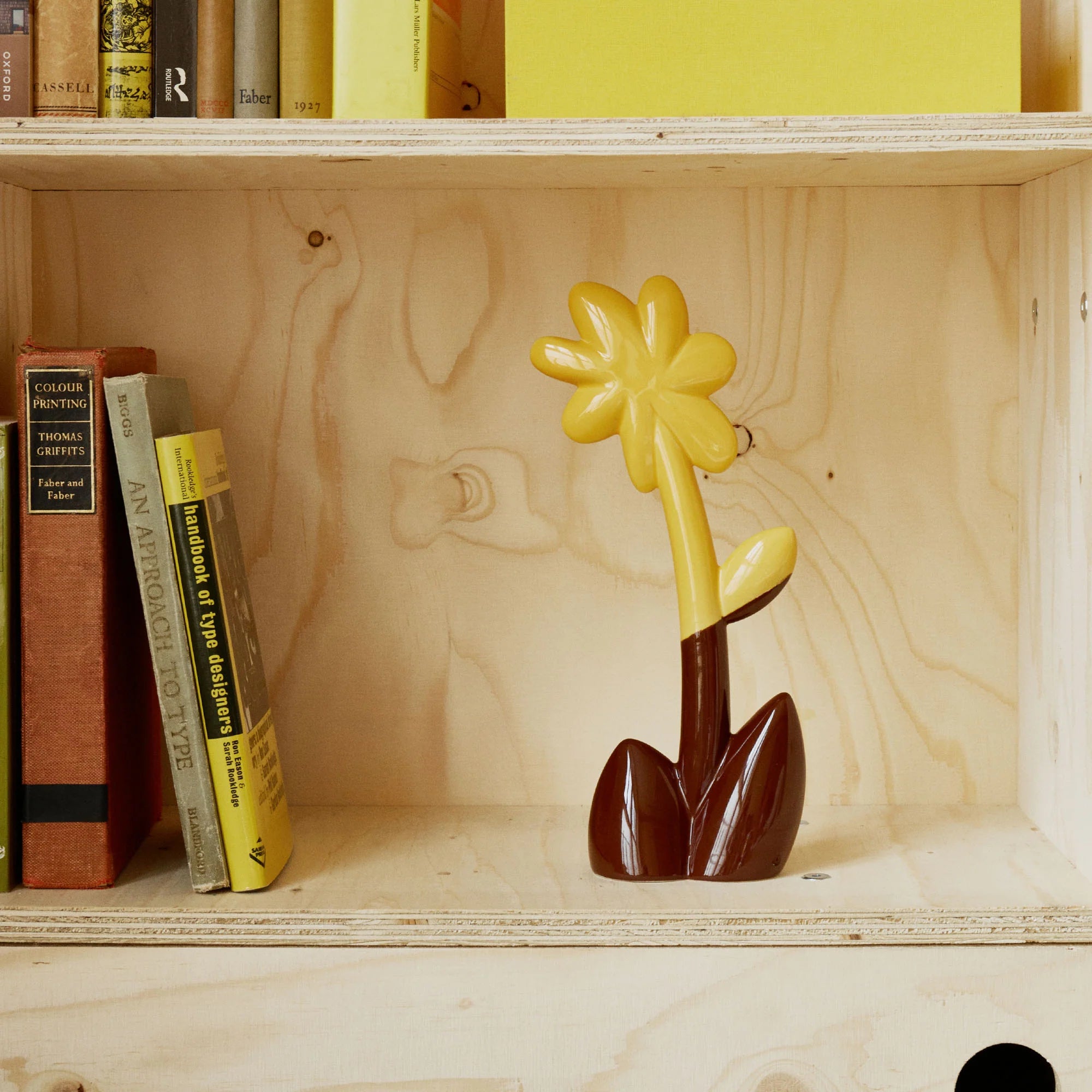 Wooden shelf with books and a yellow flower-shaped object
