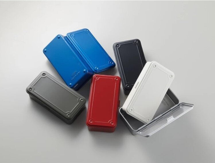 A group image of different coloured steel tool boxes on a white background, all made by Toyo Steel