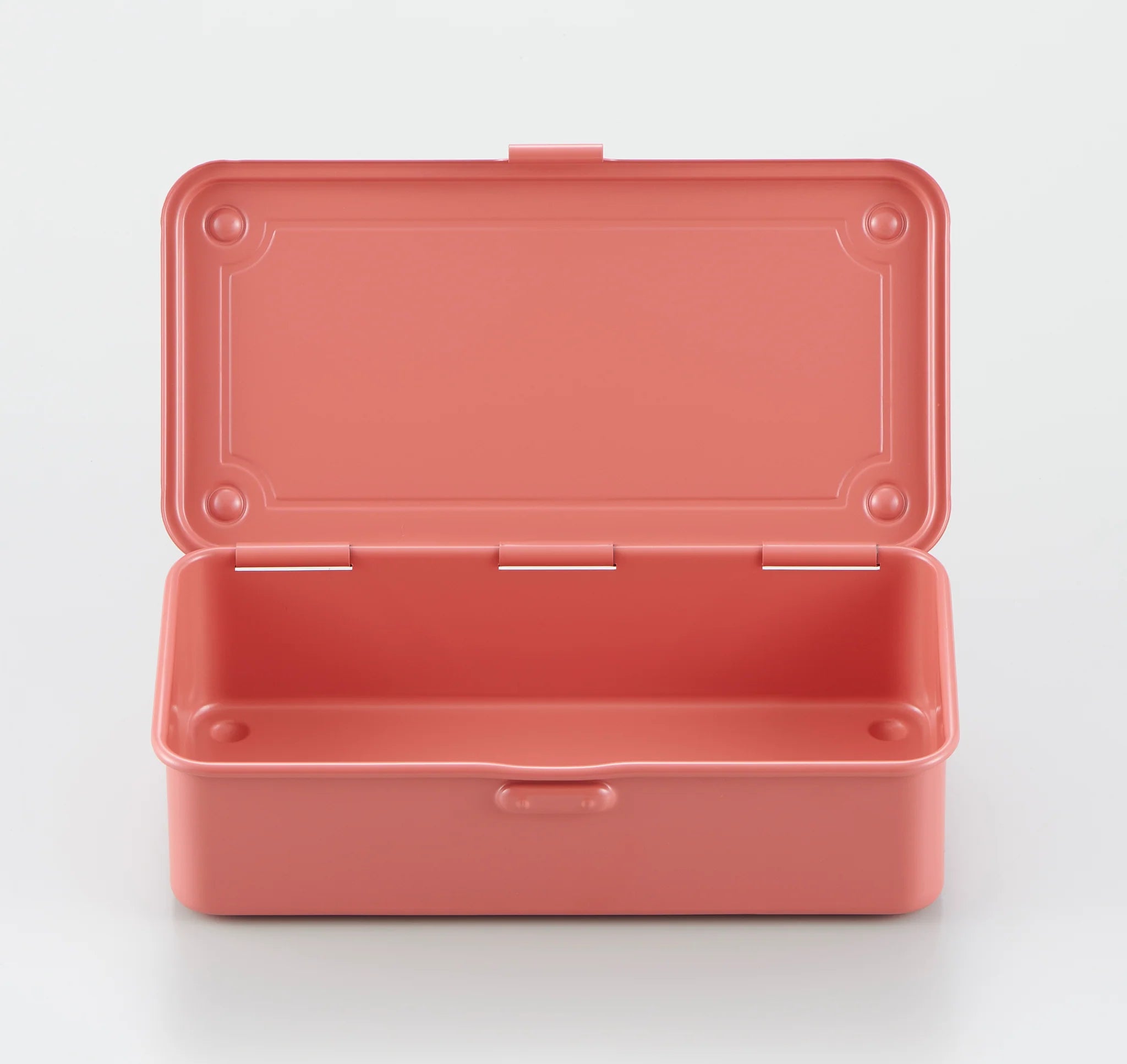 An open lidded view of the small steel tool box in coral from Toyo Steel