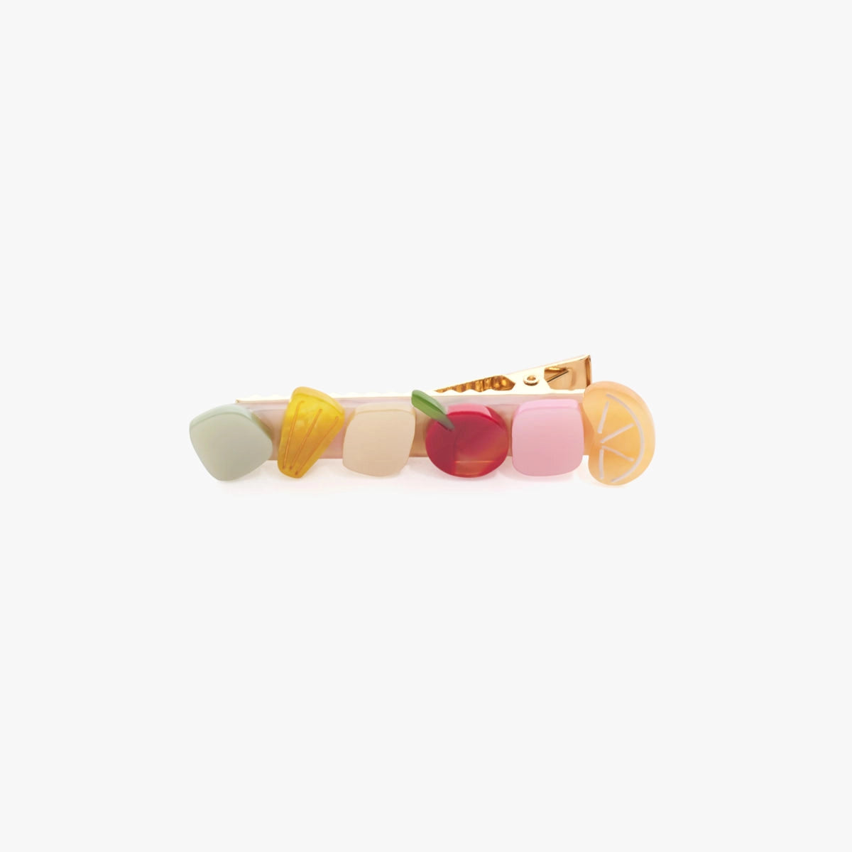 Colorful hair tie with fruit-shaped beads on a white background