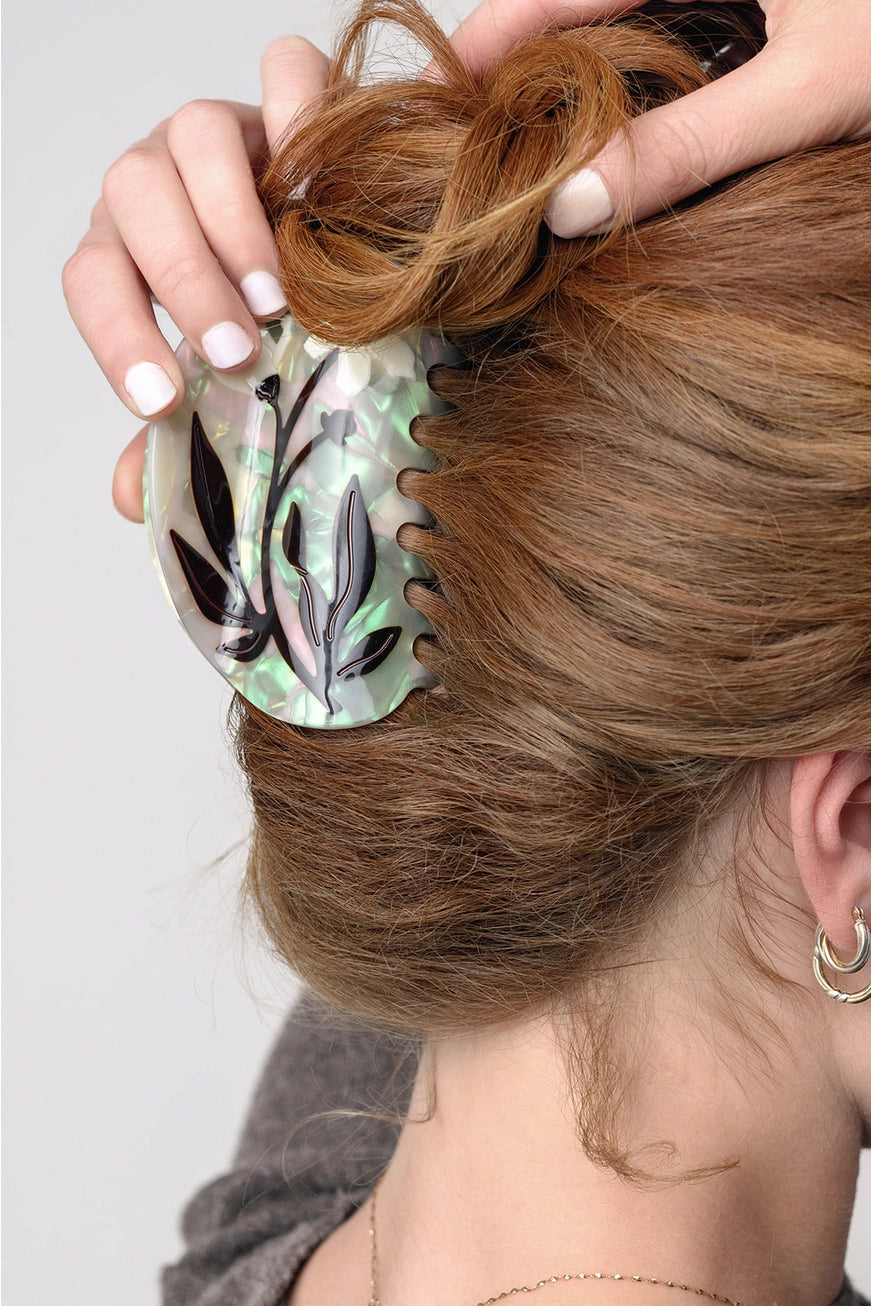 Winona Irene Bryony Deep Hair Claw up close view in red headed womans hair