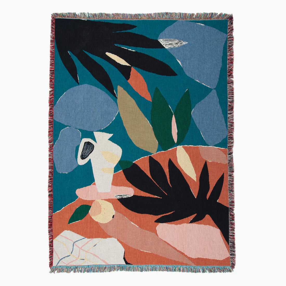 Colourful illustrated throw blanket in orange, greens and black 