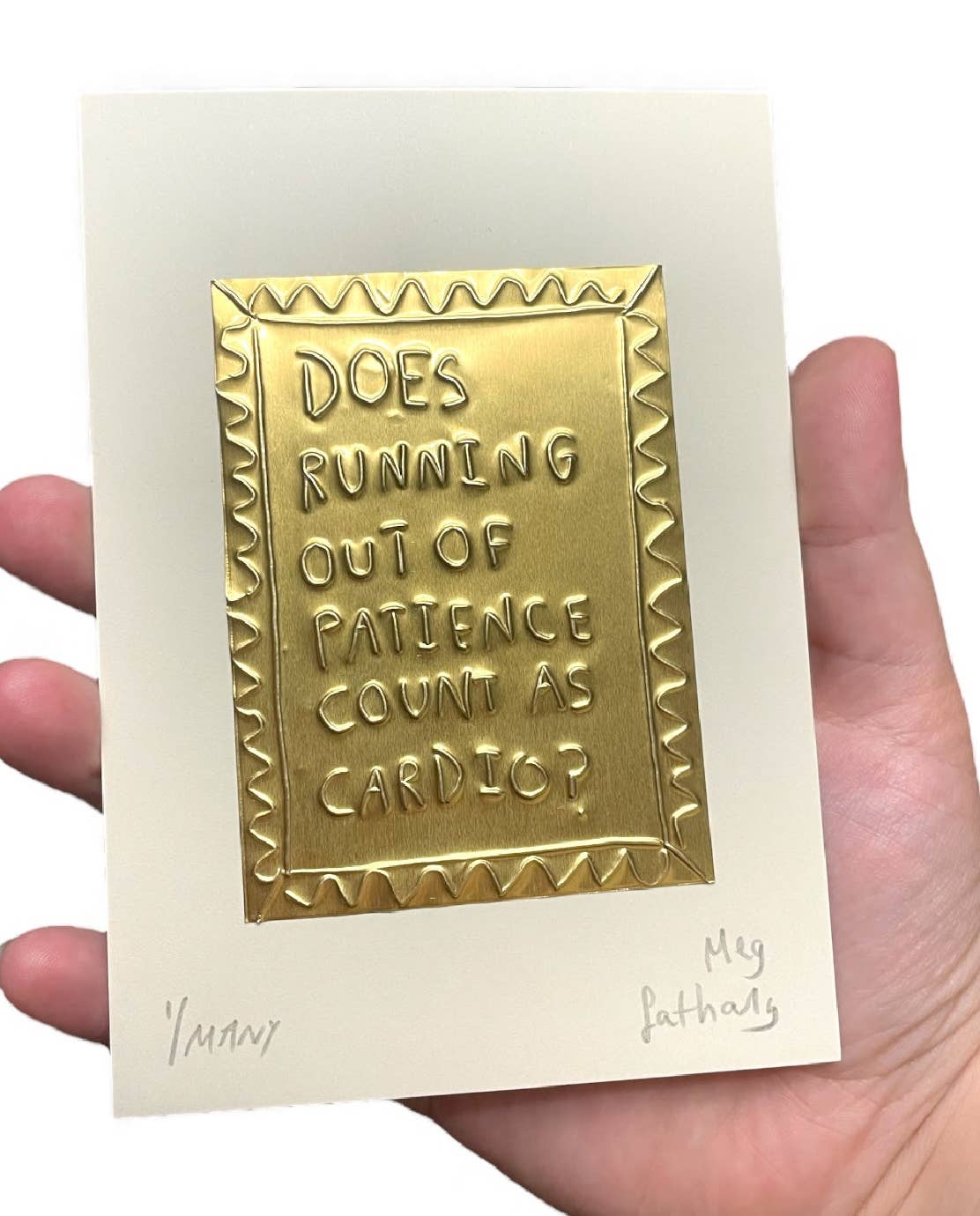 Meg Fatharly 'Does Running Out Of Patience Count As Cardio?" Tin Embossed 10x8cm Artwork - Lifestory