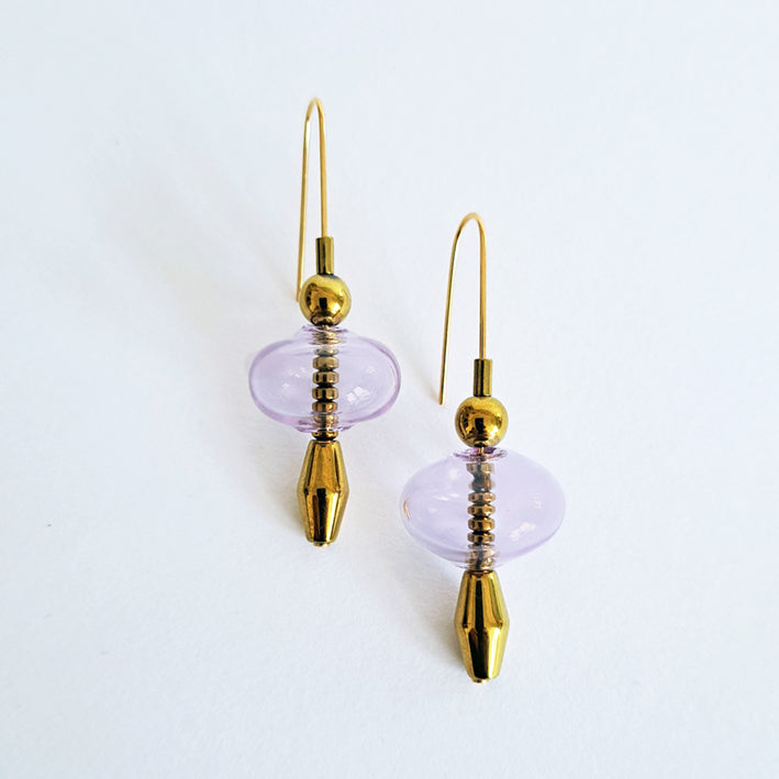 Gardena Mauve Glass Oval & Hematite Stacked Earrings by brass+bold