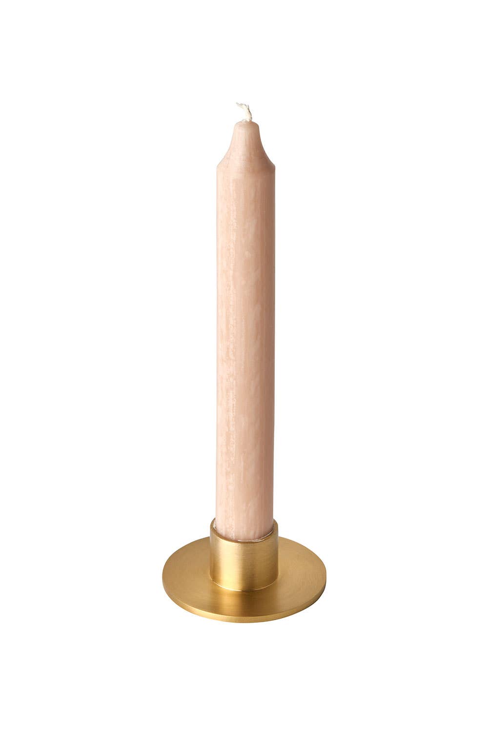 Beige candle in a gold holder on a white background