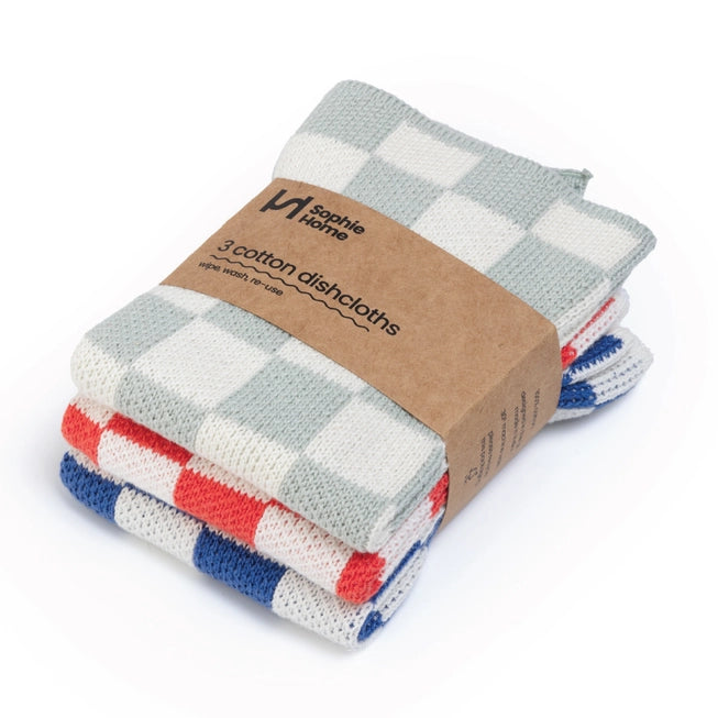 Sophie Home Reusable Cotton Checked Dish Cloths - Set of 3