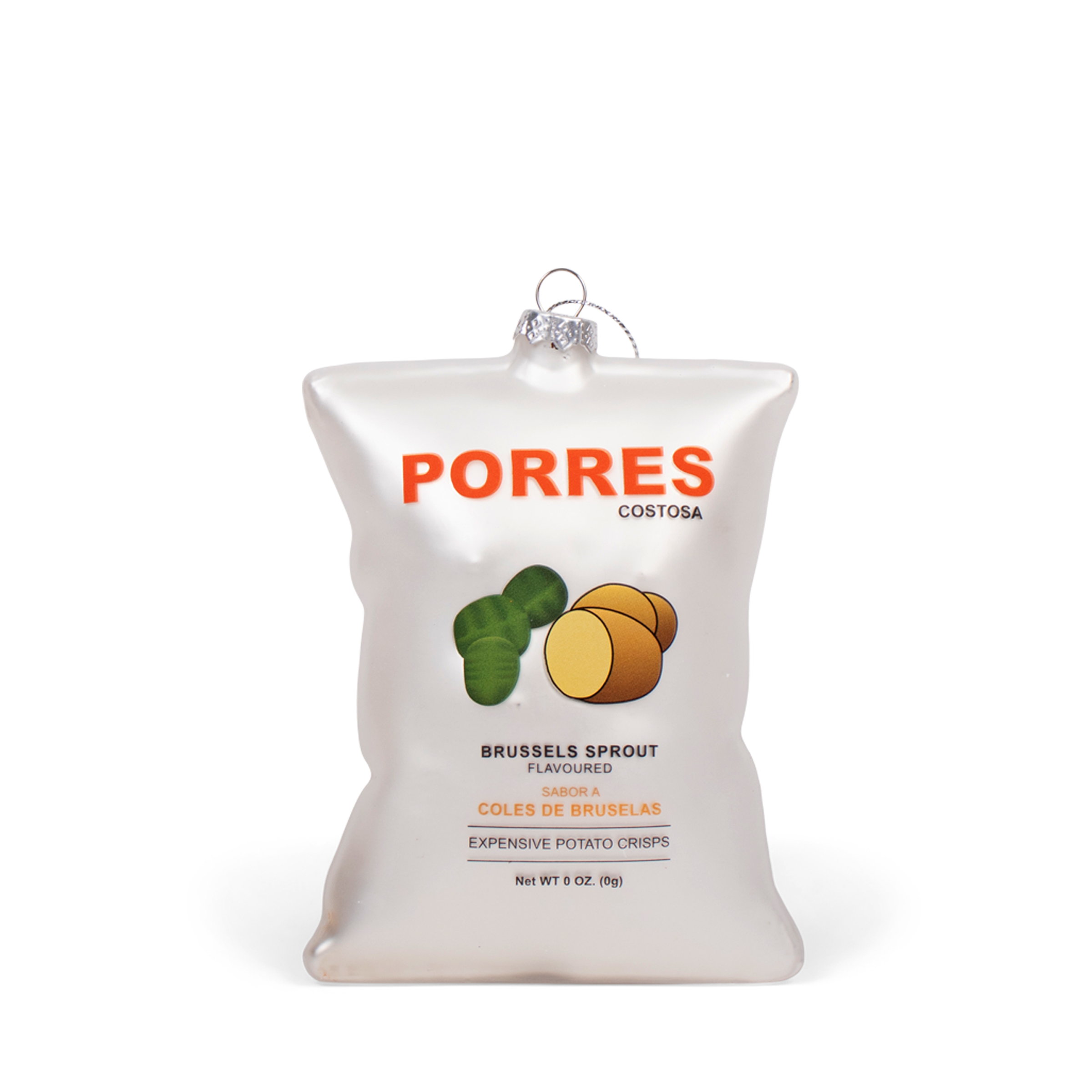 Decorative ornament shaped like a potato crisp bag with 'PORRES' branding on a white background.