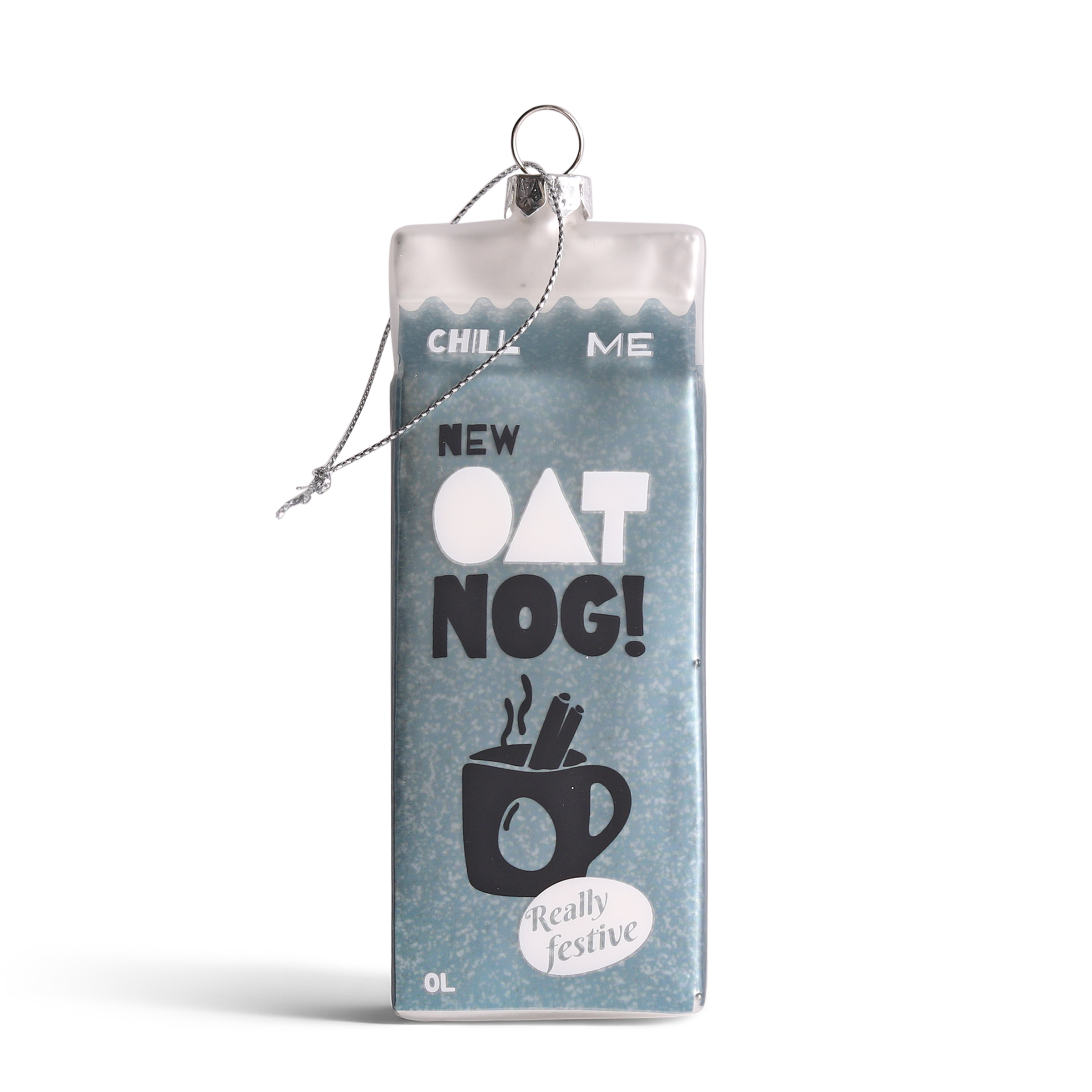 Carton of 'Oat Nog' with decorative tag on a white background