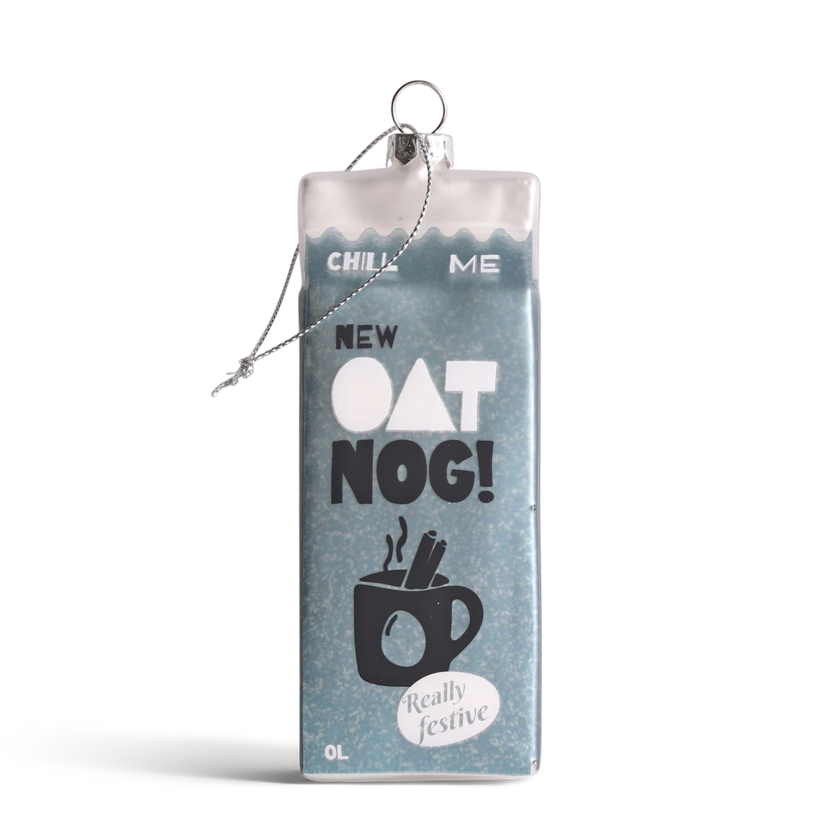 Carton of 'Oat Nog' with decorative tag on a white background