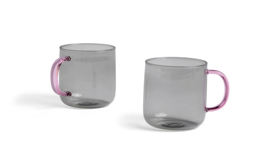 Glass Borosilicate Mugs | Set of 2 | Grey with Pink Handle |  by HAY - Lifestory - HAY