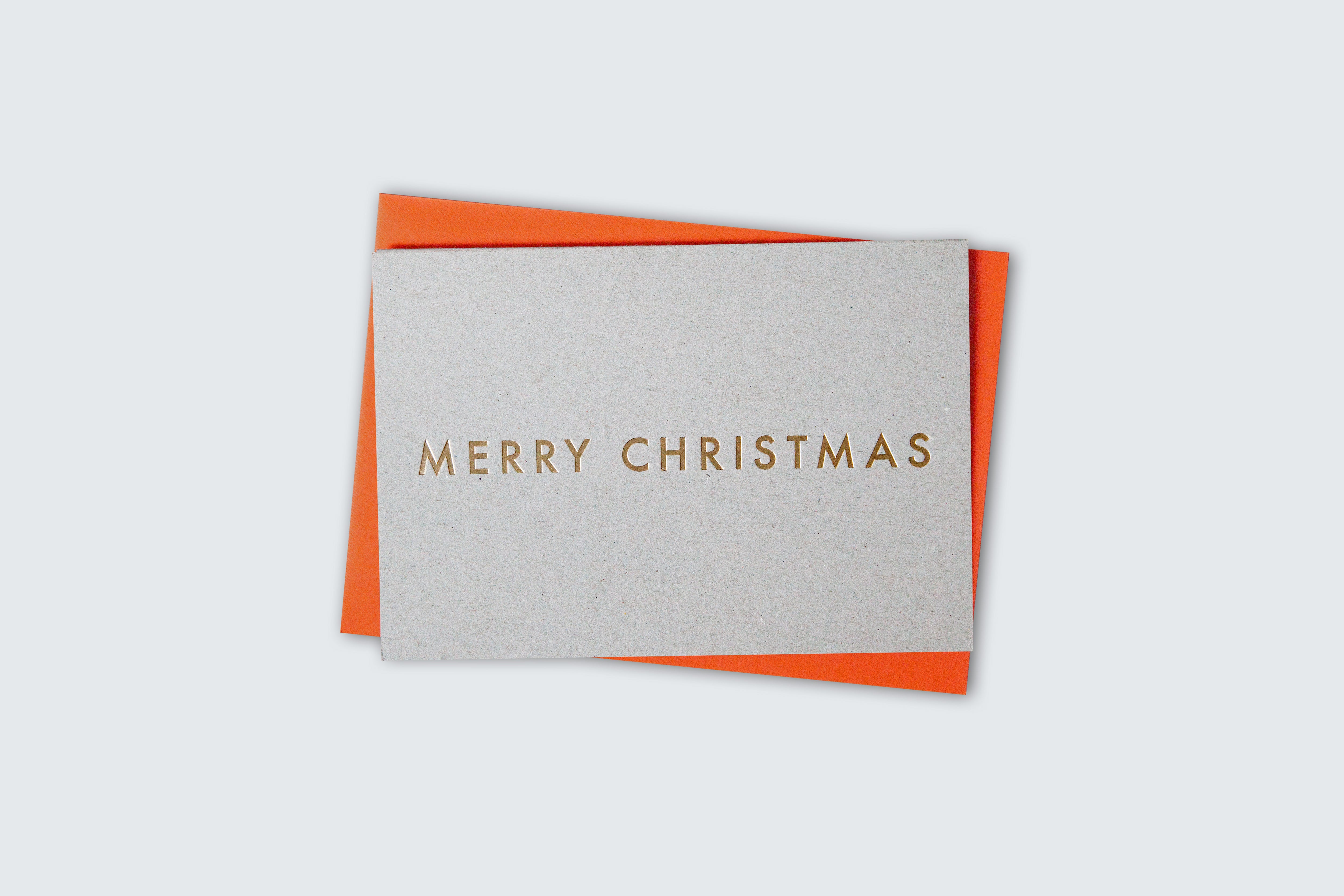 Foil Blocked Merry Christmas card | Brass on Recycled Grey Paper - Lifestory - ola