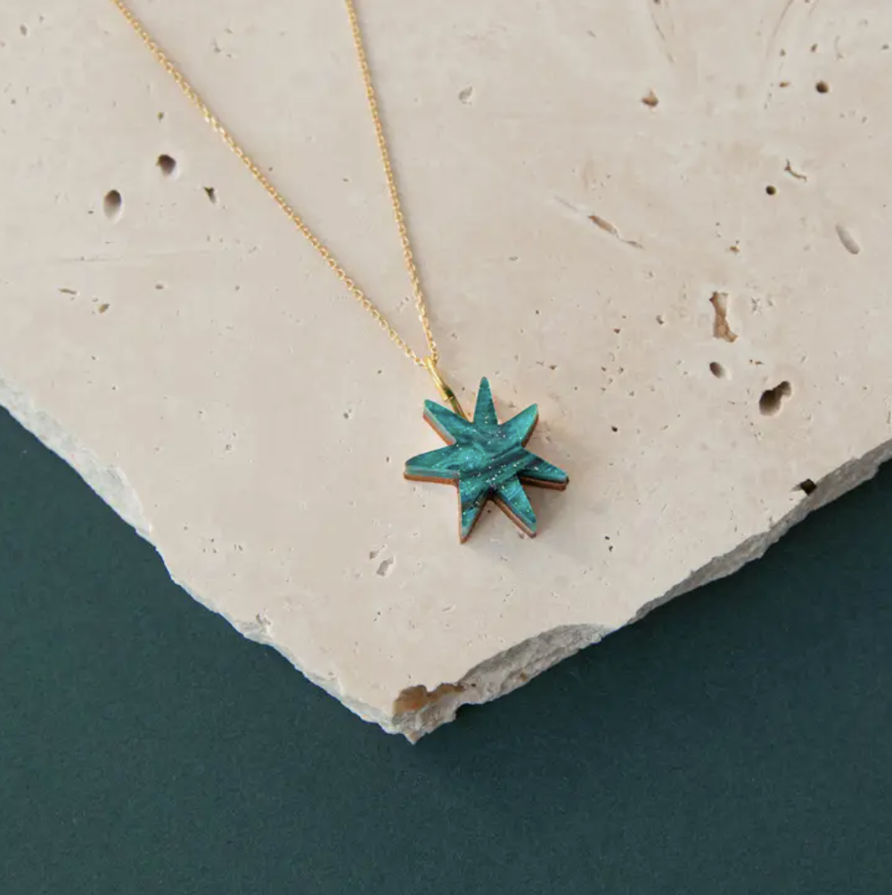 Star Necklace | Marble Teal Sparkle | Acrylic & Wood | by Pepper You - Lifestory - Pepper You