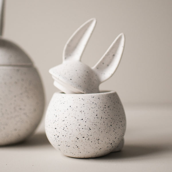 Small White Dotted Ceramic Rabbit Shaped Bowl with Lid by DBKD
